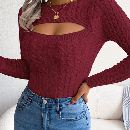Long Sleeve High Stretch Acrylic Blend Women's Sexy Hollow-Out Knit Pullover Sweater, Skinny Fit, Solid Color, Spring/Fall Fashion Top, Crew Neck, Polyester 28%, Polyamide 22%, Viscose 28% Good Vibrations