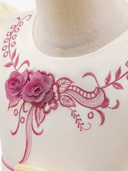 Girls Princess Dress Short Sleeve Embroidered Flower Bow Lace Dress Performance Dress Wedding Flower Girls For Evening Birthday Party Kids Clothes Good Vibrations
