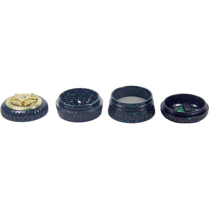 4-Layer Aluminum Herb Grinder with Built-in Fidget Spinner Top, Unique Star-Shaped Spinner Design with Embedded Rhinestones, Textured Body with Colorful Speckled Pattern for Enhanced Grip, Durable Construction and Smooth Grin Good Vibrations Adult Super Store