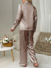 Plant printed long sleeved women's satin pajamas, pants, pajamas, home clothing set Good Vibrations