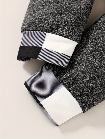 2pcs Baby's Plaid Pattern Splicing Hoodie & Casual Pants, Toddler & Infant Boy's Clothing Set For Spring Fall Good Vibrations