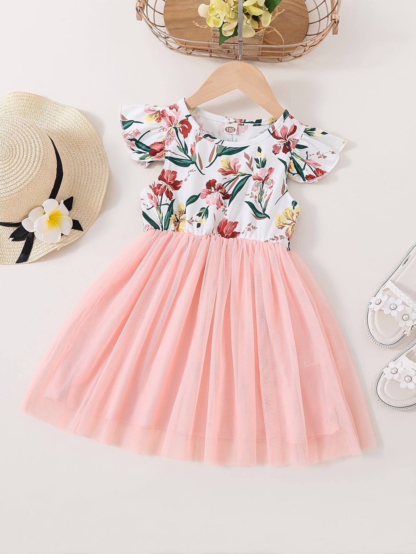 Girls' Floral dress - Floral print party & Everyday summer dress, Pastel pink Floral skirts, Machine Washable Girls' Clothing for Birthdays, Garden Parties, Family Outings - HWMFSNHFZ, Round Neckline Top, Nontransparent Fabri Good Vibrations