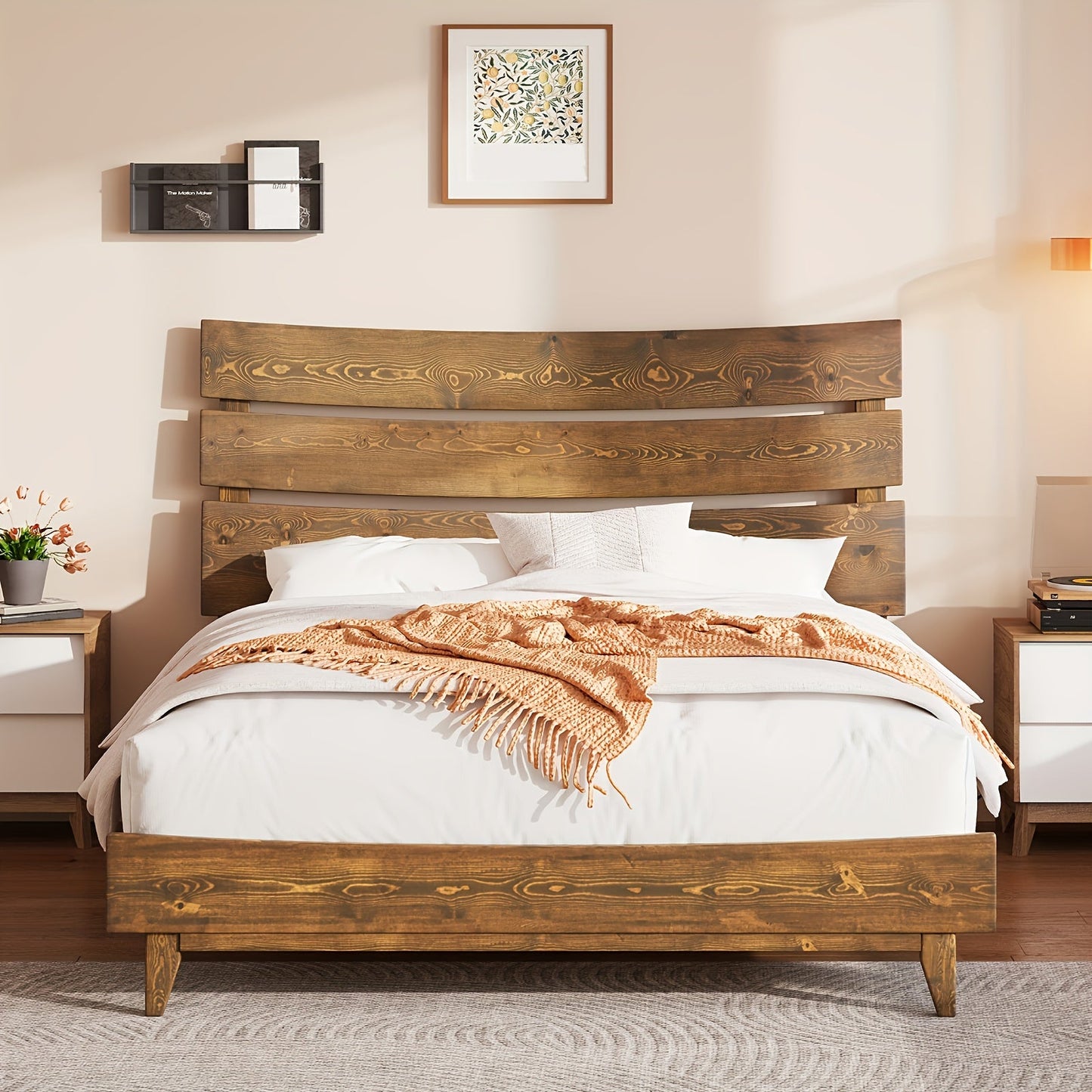 Solid Wood Platform Bed Frame with Wooden Headboard, No Box Spring Needed, Easy Assembly Good Vibrations