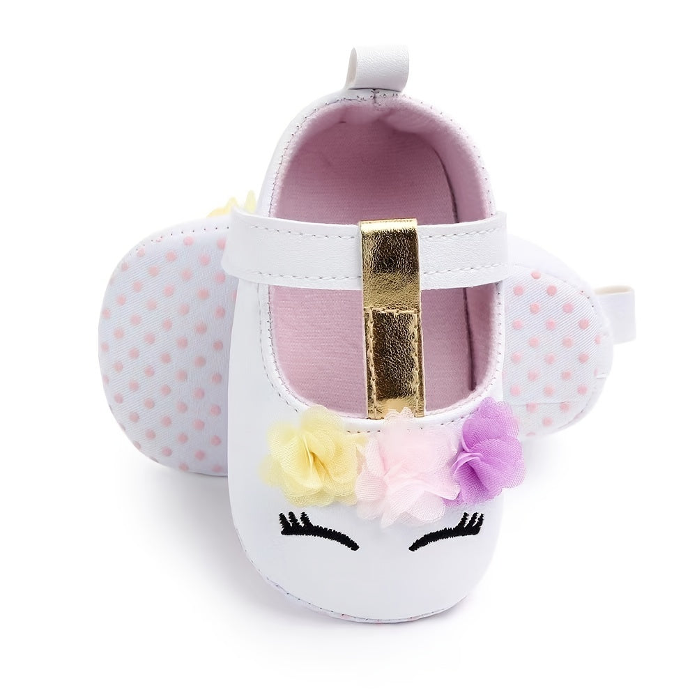 Adorable Baby Girls Cartoon Unicorn Crib Shoes - Flexible Fabric Sole, Hook-and-Loop Fastener, Mesh Flower Embellishment, Breathable for Spring and Autumn Walking Good Vibrations