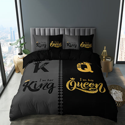 3pcs Black & Grey Crown Lettering Duvet Cover Set (1 Duvet Cover + 2 Pillowcases) - High Definition Printing For Home & Dorm Decor, Comforter Not Included Good Vibrations