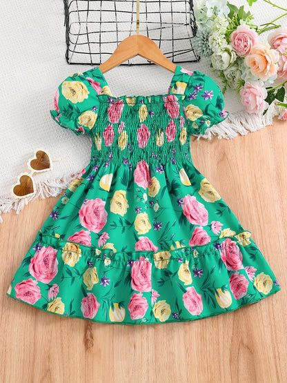 [Floral Party Dress] Floral Puff Sleeve Girls Party Dress | Shirred Ruffled Hem Kids Summer Clothes Good Vibrations
