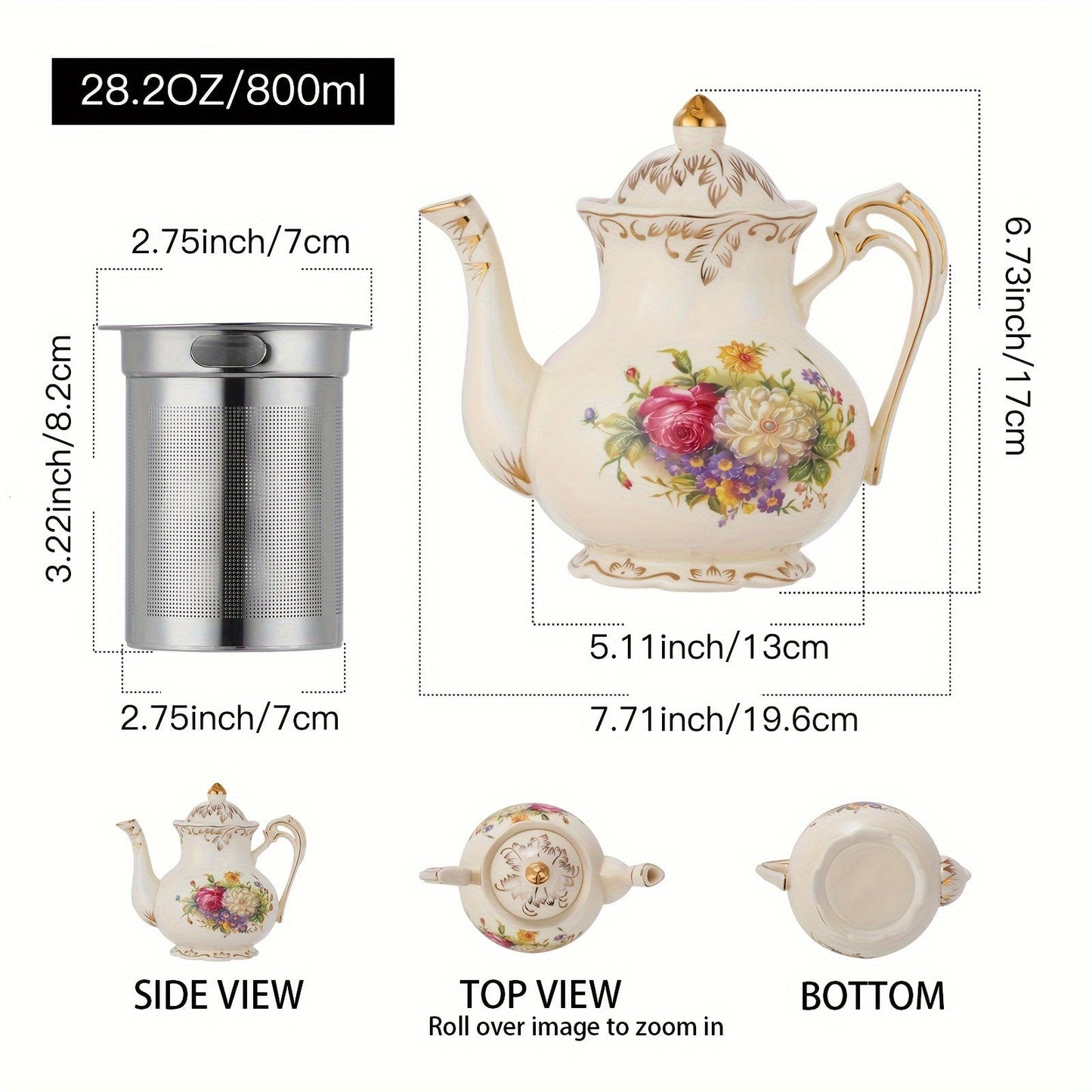 1pc Exquisite Floral Ceramic Coffee Pot - Retro Palace Style Blooming Tea Infuser, European-Inspired Afternoon Tea Set, Round Shaped, Flowers Patterned, Perfect for Home, Office, Hotel, Christmas, Thanksgiving, Valentines Day Good Vibrations
