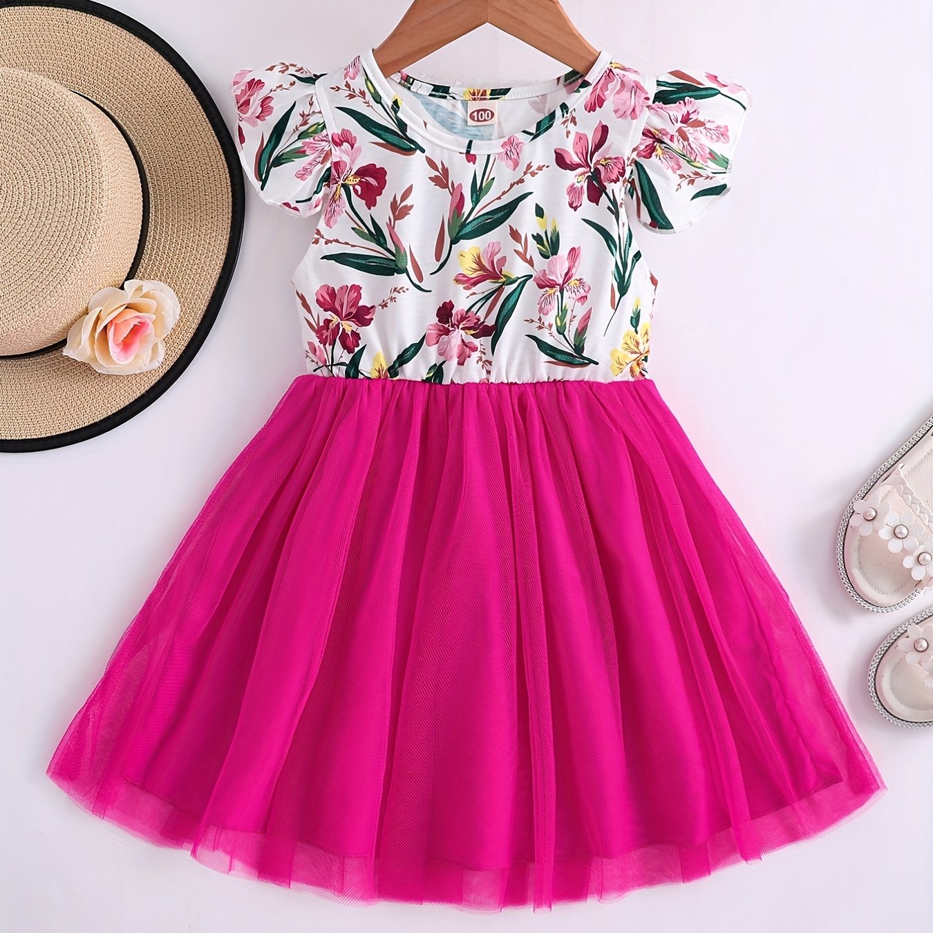 Girls' Floral dress - Floral print party & Everyday summer dress, Pastel pink Floral skirts, Machine Washable Girls' Clothing for Birthdays, Garden Parties, Family Outings - HWMFSNHFZ, Round Neckline Top, Nontransparent Fabri Good Vibrations