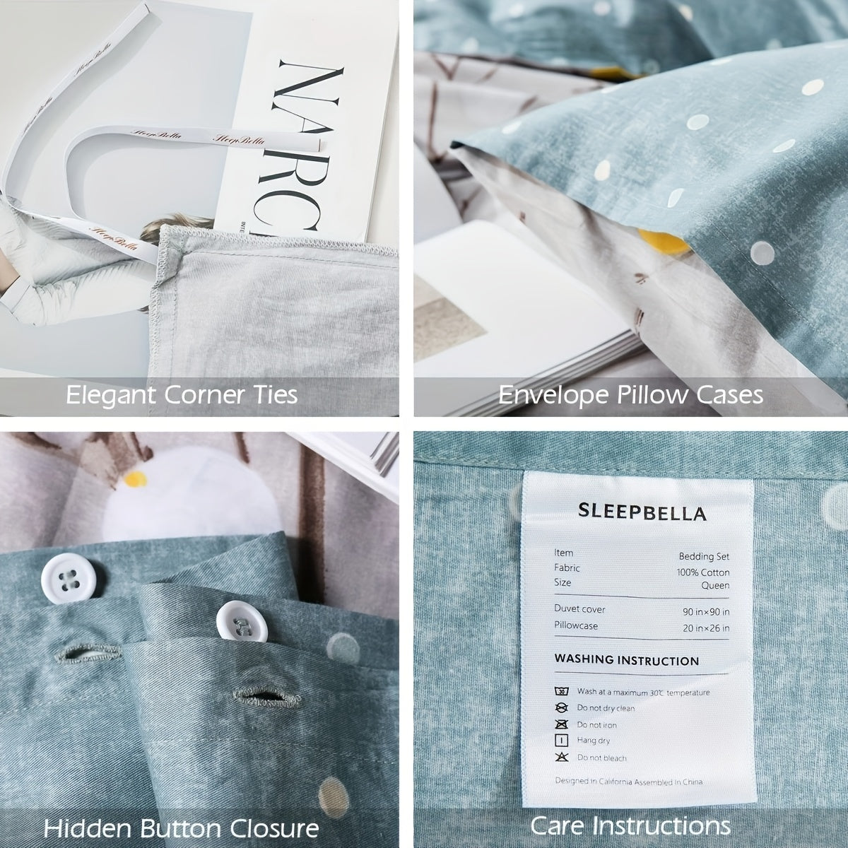600 Thread Count SLEEPBELLA Luxury Duvet Cover - Soft Grey Branch Pattern with Yellow Turquoise Polka Dots, Reversible Comforter Cover with Green Reverse Side, Breathable, Hypoallergenic, and Machine Washable Good Vibrations