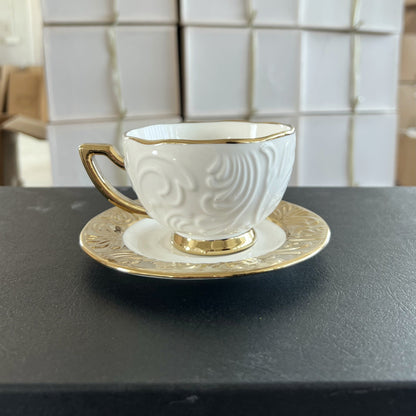 Luxurious Relief Floral Tea Set with Golden Trim: Includes 6 Cups, 6 Saucers, And 1 Large Tray - Perfect for Thanksgiving, Eid Al-Fitr, And More! Good Vibrations