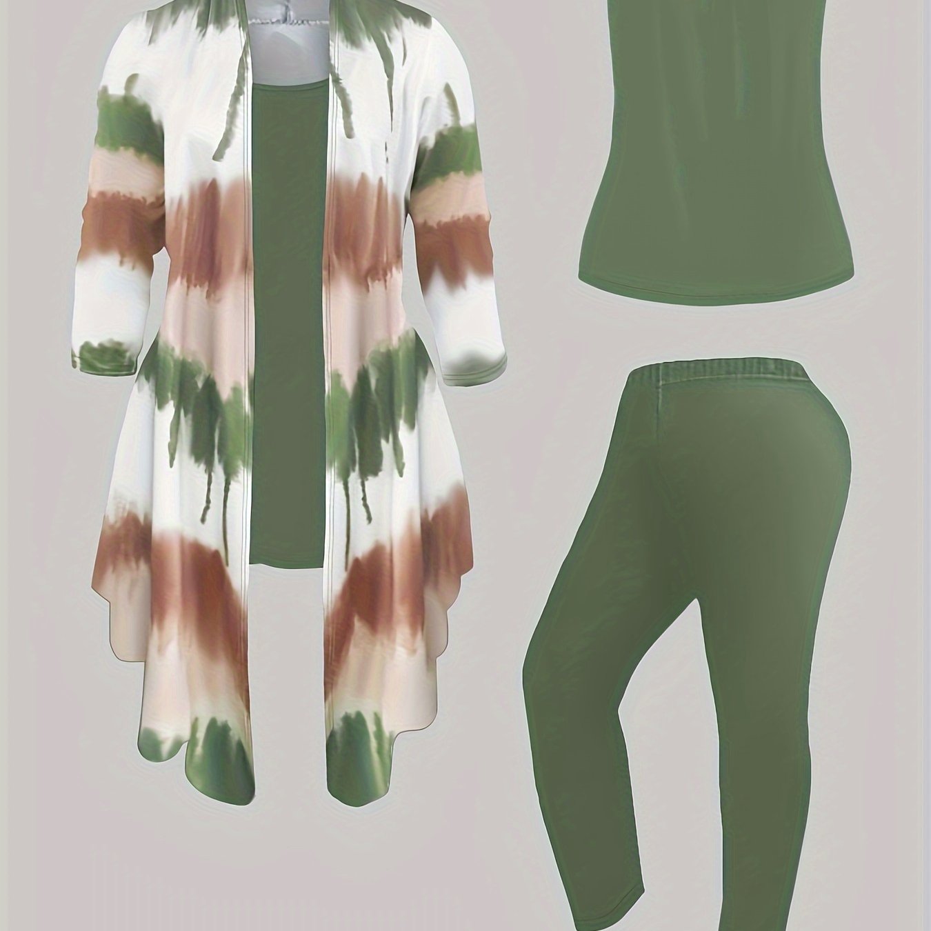 Three-Piece Plus Size Tie Dye Open Front Top & Solid Color Cami Top & Elastic Waist Pants Outfits, Women's Casual Clothing Set Good Vibrations