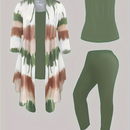 Three-Piece Plus Size Tie Dye Open Front Top & Solid Color Cami Top & Elastic Waist Pants Outfits, Women's Casual Clothing Set Good Vibrations