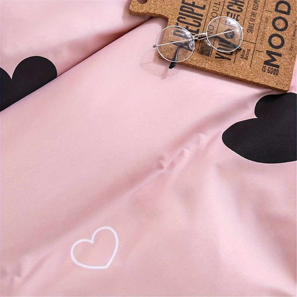 Blush Pink Love Heart Print Duvet Cover Queen Black And Dusty Rose Bedding Set 3 Pieces, Reversible Blue White Striped Microfiber Comforter Cover For Women Good Vibrations