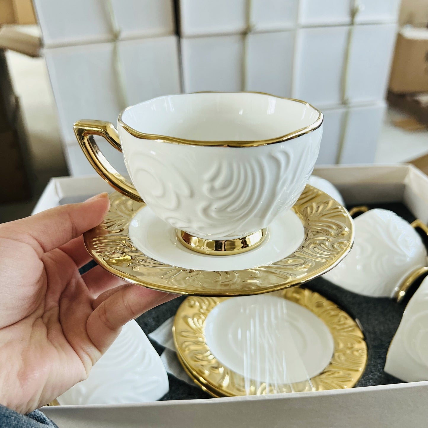 Luxurious Relief Floral Tea Set with Golden Trim: Includes 6 Cups, 6 Saucers, And 1 Large Tray - Perfect for Thanksgiving, Eid Al-Fitr, And More! Good Vibrations