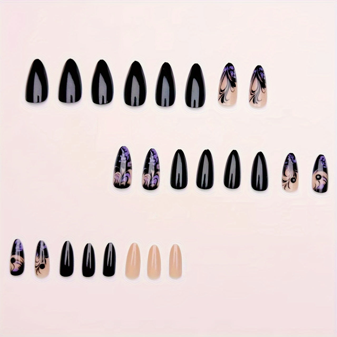 24-Piece Set Almond Shaped Nail Tips with Striped and Aura Patterns, Glossy Finish, Medium Length - Elegant Black and Purple Tones Good Vibrations