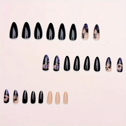 24-Piece Set Almond Shaped Nail Tips with Striped and Aura Patterns, Glossy Finish, Medium Length - Elegant Black and Purple Tones Good Vibrations