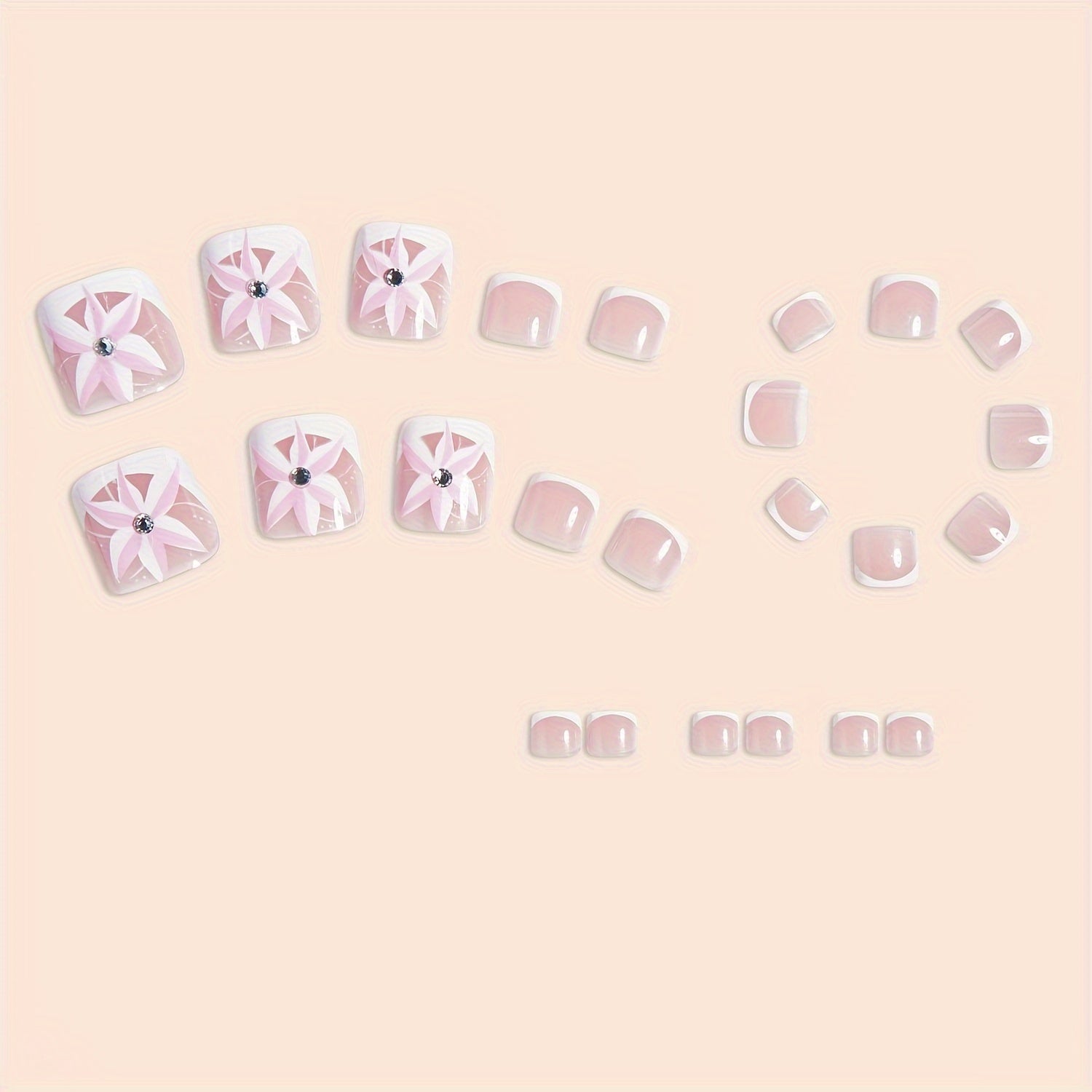 24pc Fair-Toned Short Square Glossy Press-On Toe Nails - Elegant French Tip Design with Floral Accents and Rhinestone, Removable, Adhesive Jelly Tabs & Nail File Included for Easy Application - Fashionable Wearable Nail Tips Good Vibrations