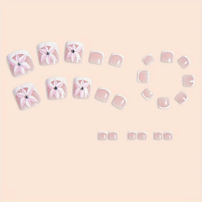 24pc Fair-Toned Short Square Glossy Press-On Toe Nails - Elegant French Tip Design with Floral Accents and Rhinestone, Removable, Adhesive Jelly Tabs & Nail File Included for Easy Application - Fashionable Wearable Nail Tips Good Vibrations