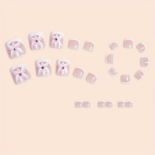 24pc Fair-Toned Short Square Glossy Press-On Toe Nails - Elegant French Tip Design with Floral Accents and Rhinestone, Removable, Adhesive Jelly Tabs & Nail File Included for Easy Application - Fashionable Wearable Nail Tips Good Vibrations