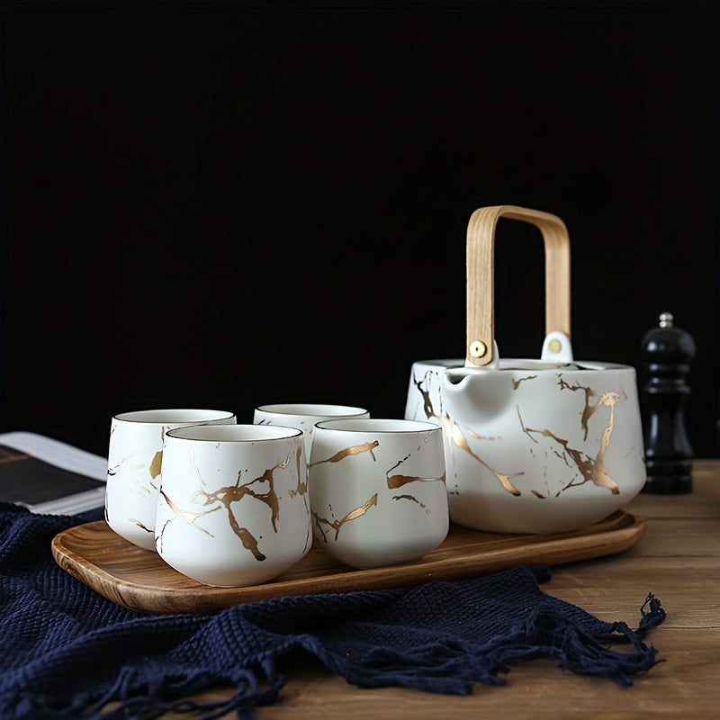 Elegant Marble Ceramic Tea Set with Acacia Wood Handles - Includes Pot, 4 Cups & Serving Tray for Afternoon Tea Good Vibrations