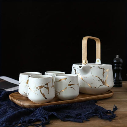 Elegant Marble Ceramic Tea Set with Acacia Wood Handles - Includes Pot, 4 Cups & Serving Tray for Afternoon Tea Good Vibrations
