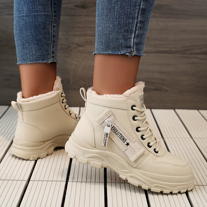 [Warm Fleece-Lined Winter Boots] Warm Fleece-Lined Women's Winter High-Top Boots - Thick Rubber Sole, Lace-Up Casual Style, White & Beige, Perfect for Cold Weather Comfort Good Vibrations