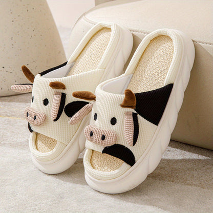 Women's Cartoon Cute Cow House Slippers, Platform Soft Sole Anti-slip Warm Plush Home Slides, Women's Indoor Cozy Shoes Good Vibrations