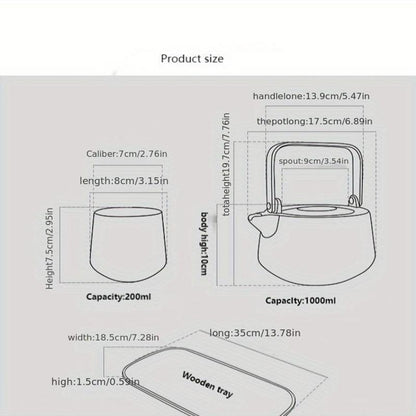 Elegant Marble Ceramic Tea Set with Acacia Wood Handles - Includes Pot, 4 Cups & Serving Tray for Afternoon Tea Good Vibrations