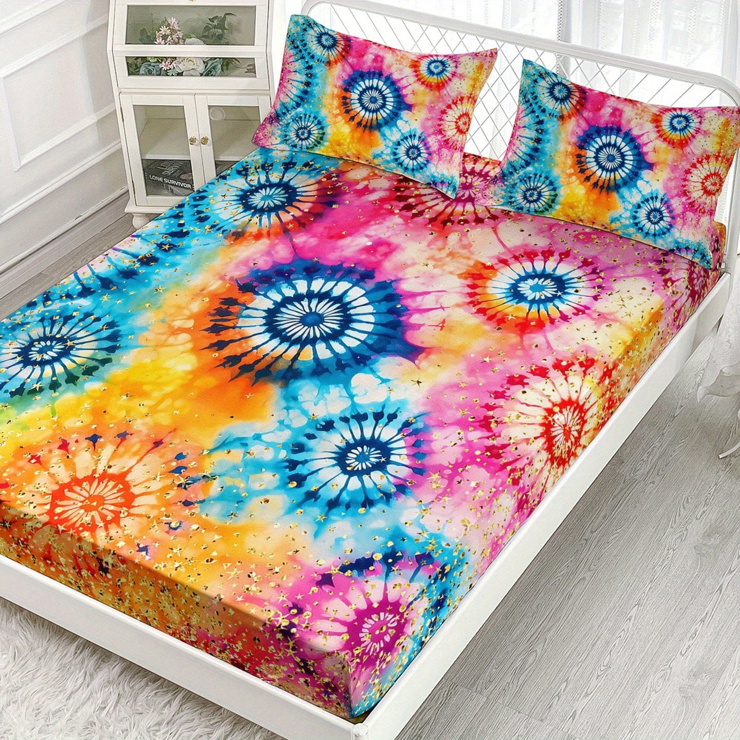 3pcs Tie Dye Fitted Sheets Bohemian Bedding Set Colorful Bed Set Glitter Stars Bedroom Decor Four Seasons (1Fitted Sheets + 2Pillowcases NO Flat Sheet) Good Vibrations