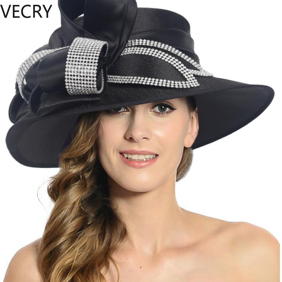 VECRY Women's Satin Church Derby Tea Party Hats with Rhinestones - Elegant Headwear for Special Occasions Good Vibrations