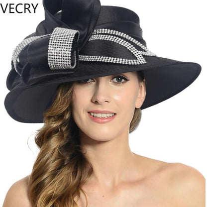 VECRY Women's Satin Church Derby Tea Party Hats with Rhinestones - Elegant Headwear for Special Occasions Good Vibrations