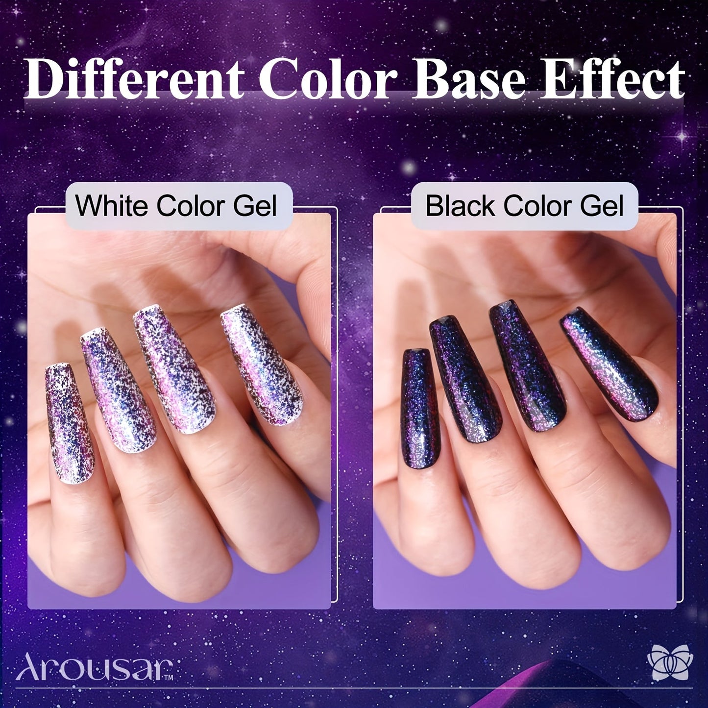 Arousar Cat Eye Gel Polish Set, 16pcs Chameleon Gel Nail Polish Black Purple Glitter Silver Changing Magic Galaxy Effect Kit With Base Top Coat, LED Nail Lamp, Cuticle Oil And Manicure Tools Good Vibrations