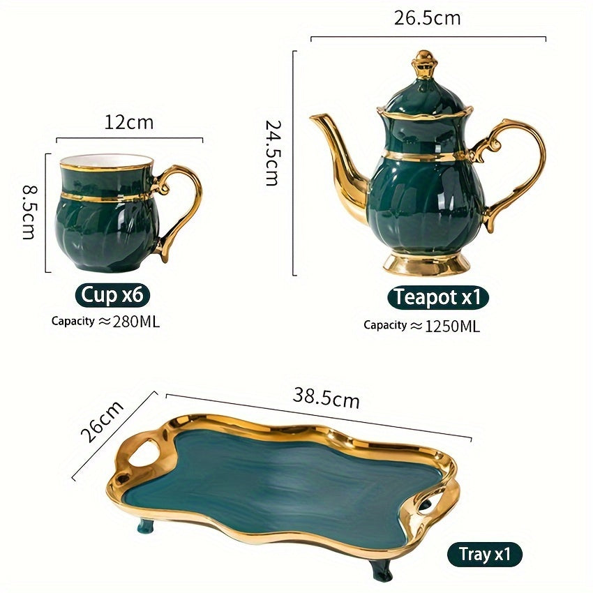 14-Pieces Luxurious Porcelain Teapot Set - Includes Ceramic Coffee Cups, Teacups, Golden Spoon, Tea Party Tray Holder, and Gift Sets for Elegant Entertaining Good Vibrations
