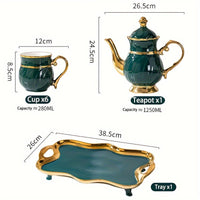 14-Pieces Luxurious Porcelain Teapot Set - Includes Ceramic Coffee Cups, Teacups, Golden Spoon, Tea Party Tray Holder, and Gift Sets for Elegant Entertaining Good Vibrations