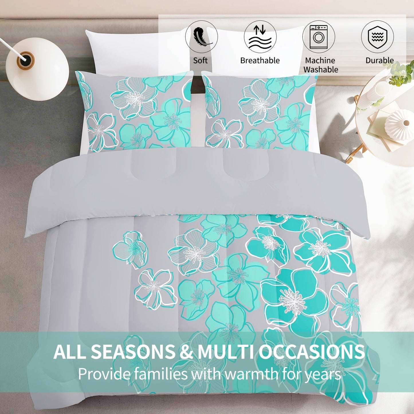 A Large Quilt Set, Consisting of 3pcs of Bedding (1 Printed Quilt And 2 Pillowcases), Featuring a Deep Gray Background with Green Floral Prints, Made of Lightweight Ultra-Fine Fibers Suitable for All Seasons, Serving As an Al Good Vibrations