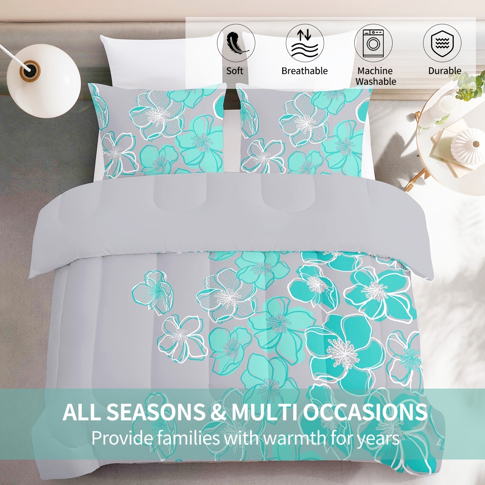 A Large Quilt Set, Consisting of 3pcs of Bedding (1 Printed Quilt And 2 Pillowcases), Featuring a Deep Gray Background with Green Floral Prints, Made of Lightweight Ultra-Fine Fibers Suitable for All Seasons, Serving As an Al Good Vibrations