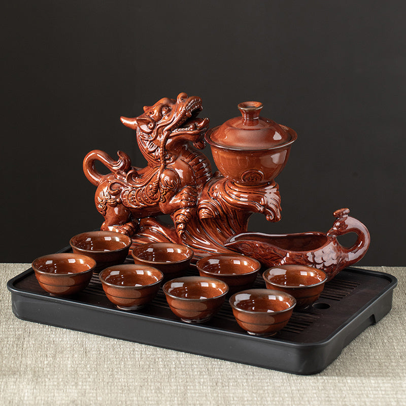 1 Set Lazy Tea Set, Magnetic Water Diversion Rotating Gaiwan, Tea Maker, Automatic Brave Troops Retro Teapot, Tea Cups, Cover Bowl, Rectangular Tea Tray, Chinese Kung Fu Tea Set, For Home Living Room Office, Gift Good Vibrations