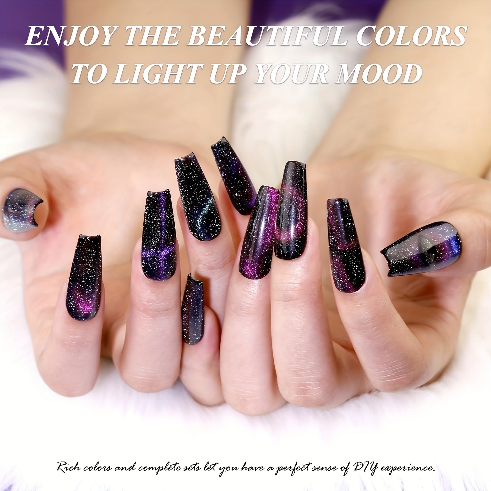 Arousar Cat Eye Gel Polish Set, 16pcs Chameleon Gel Nail Polish Black Purple Glitter Silver Changing Magic Galaxy Effect Kit With Base Top Coat, LED Nail Lamp, Cuticle Oil And Manicure Tools Good Vibrations