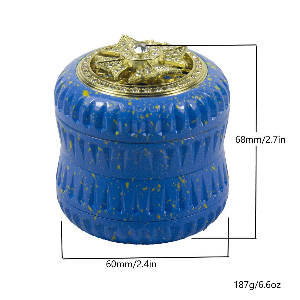 4-Layer Aluminum Herb Grinder with Built-in Fidget Spinner Top, Unique Star-Shaped Spinner Design with Embedded Rhinestones, Textured Body with Colorful Speckled Pattern for Enhanced Grip, Durable Construction and Smooth Grin Good Vibrations Adult Super Store