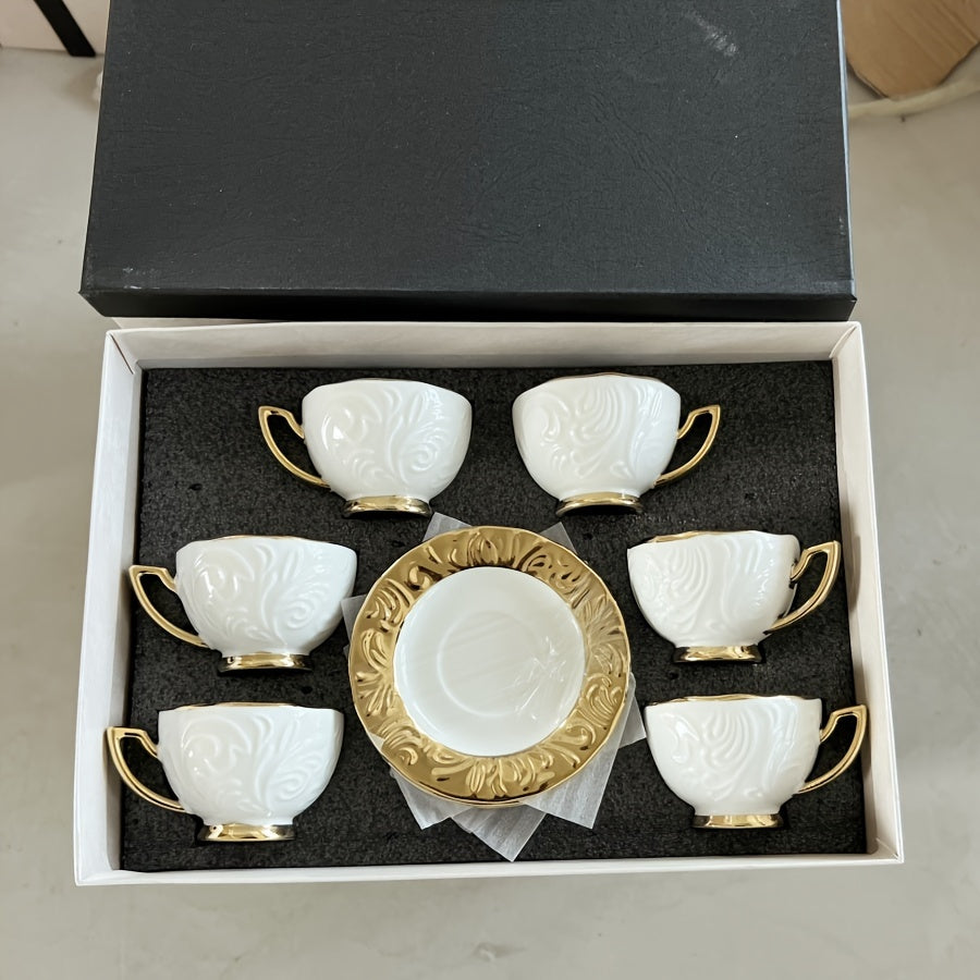 Luxurious Relief Floral Tea Set with Golden Trim: Includes 6 Cups, 6 Saucers, And 1 Large Tray - Perfect for Thanksgiving, Eid Al-Fitr, And More! Good Vibrations