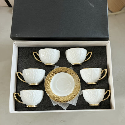 Luxurious Relief Floral Tea Set with Golden Trim: Includes 6 Cups, 6 Saucers, And 1 Large Tray - Perfect for Thanksgiving, Eid Al-Fitr, And More! Good Vibrations