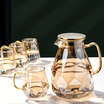 Set, Geometric Glass Pitcher And Glass Cups, 1800ml/60.87oz Drink Pitcher And 4pcs 350ml/11.84oz Water Cups, Heat Resistant Tea Set, Home Decor, Room Decor, Gifts Good Vibrations