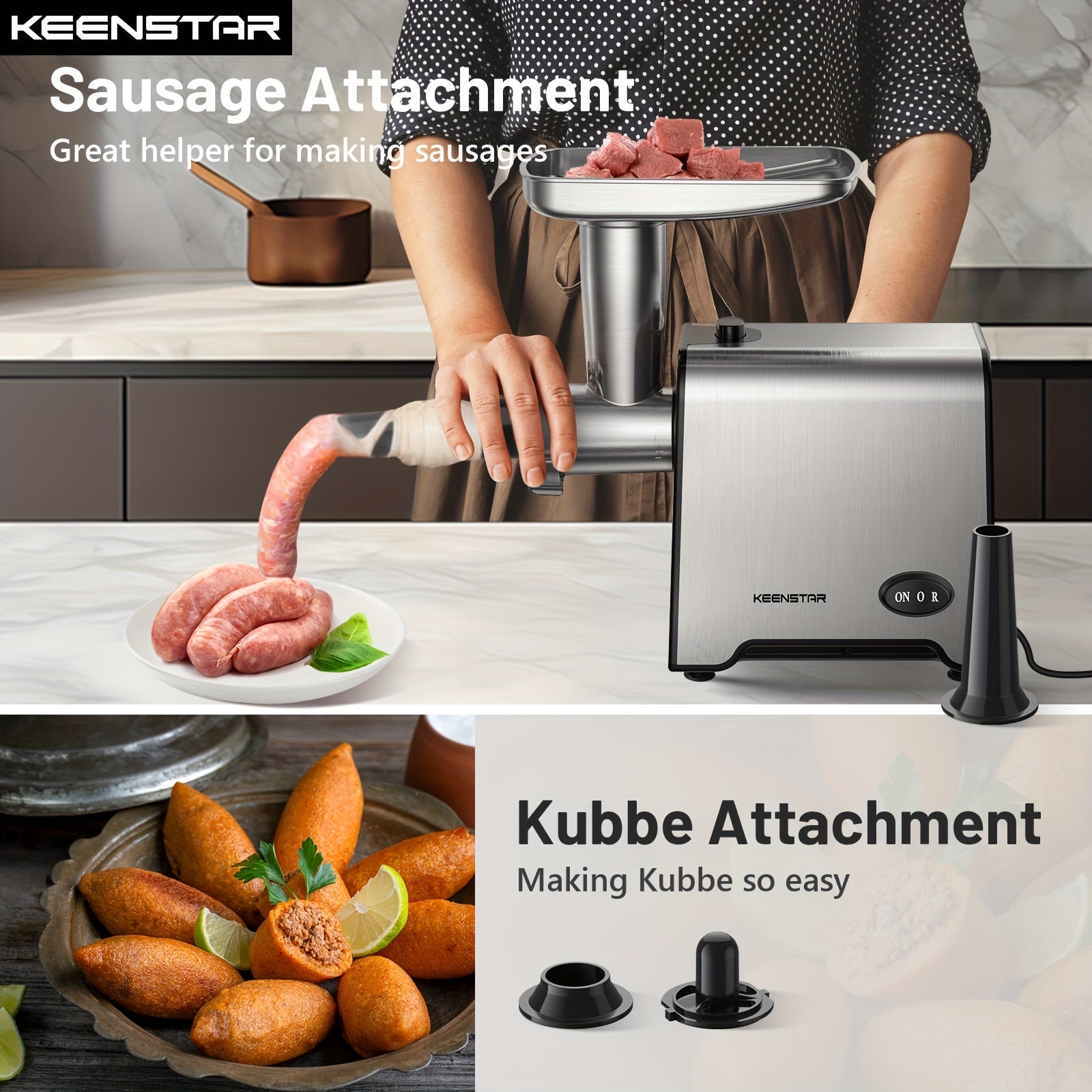 KEENSTAR Electric Meat Grinder, Sausage Stuffer Maker 450W(3000W Max) Food Grinder With Blade & 3 Plates, Sausage Stuffer Tubes & Kubbe Kit, Stainless Steel Heavy Duty Meat Mincer Machine For Home Kitchen Use Good Vibrations