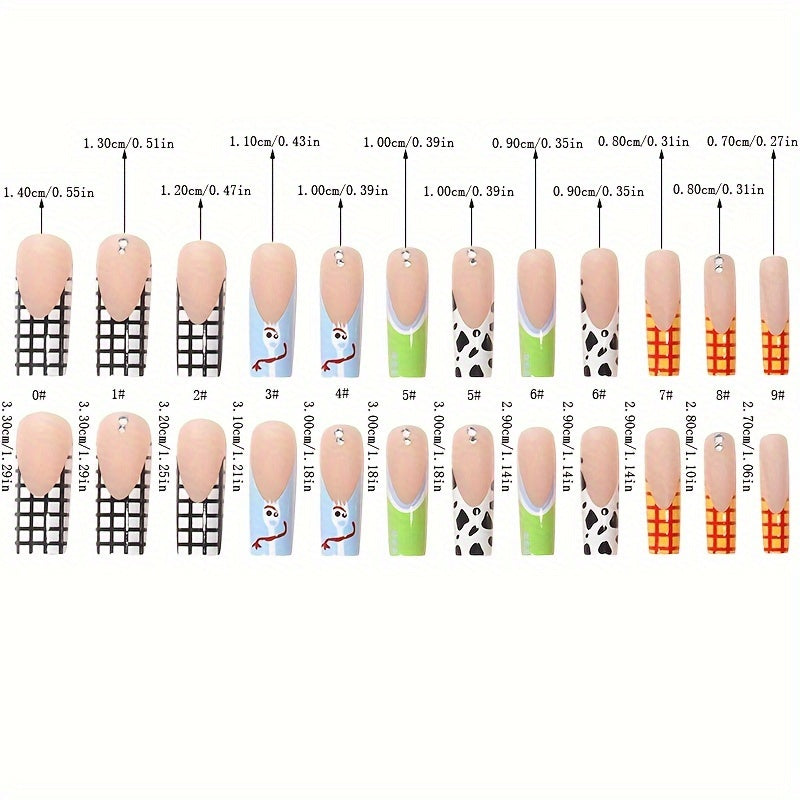 Festive Long Ballet Nail Tips with Cow Print And Checkered Design - Nude Color, Shiny Finish Good Vibrations