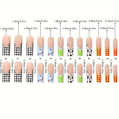 Festive Long Ballet Nail Tips with Cow Print And Checkered Design - Nude Color, Shiny Finish Good Vibrations