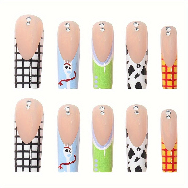 Festive Long Ballet Nail Tips with Cow Print And Checkered Design - Nude Color, Shiny Finish Good Vibrations