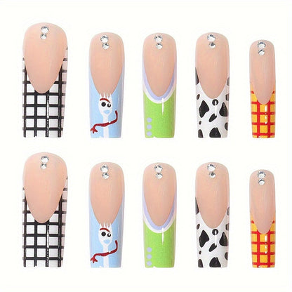 Festive Long Ballet Nail Tips with Cow Print And Checkered Design - Nude Color, Shiny Finish Good Vibrations