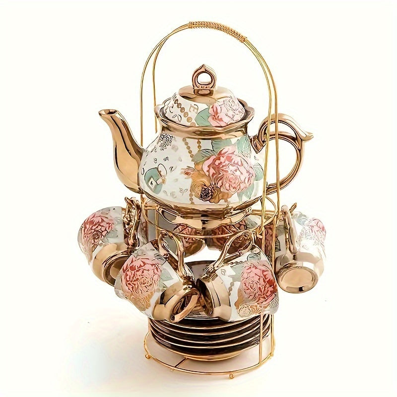 14-Piece European Ceramic Tea Set with Metal Stand, Elegant Floral Design, Holiday Theme for Afternoon Tea & Gift Giving Good Vibrations
