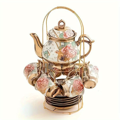 14-Piece European Ceramic Tea Set with Metal Stand, Elegant Floral Design, Holiday Theme for Afternoon Tea & Gift Giving Good Vibrations