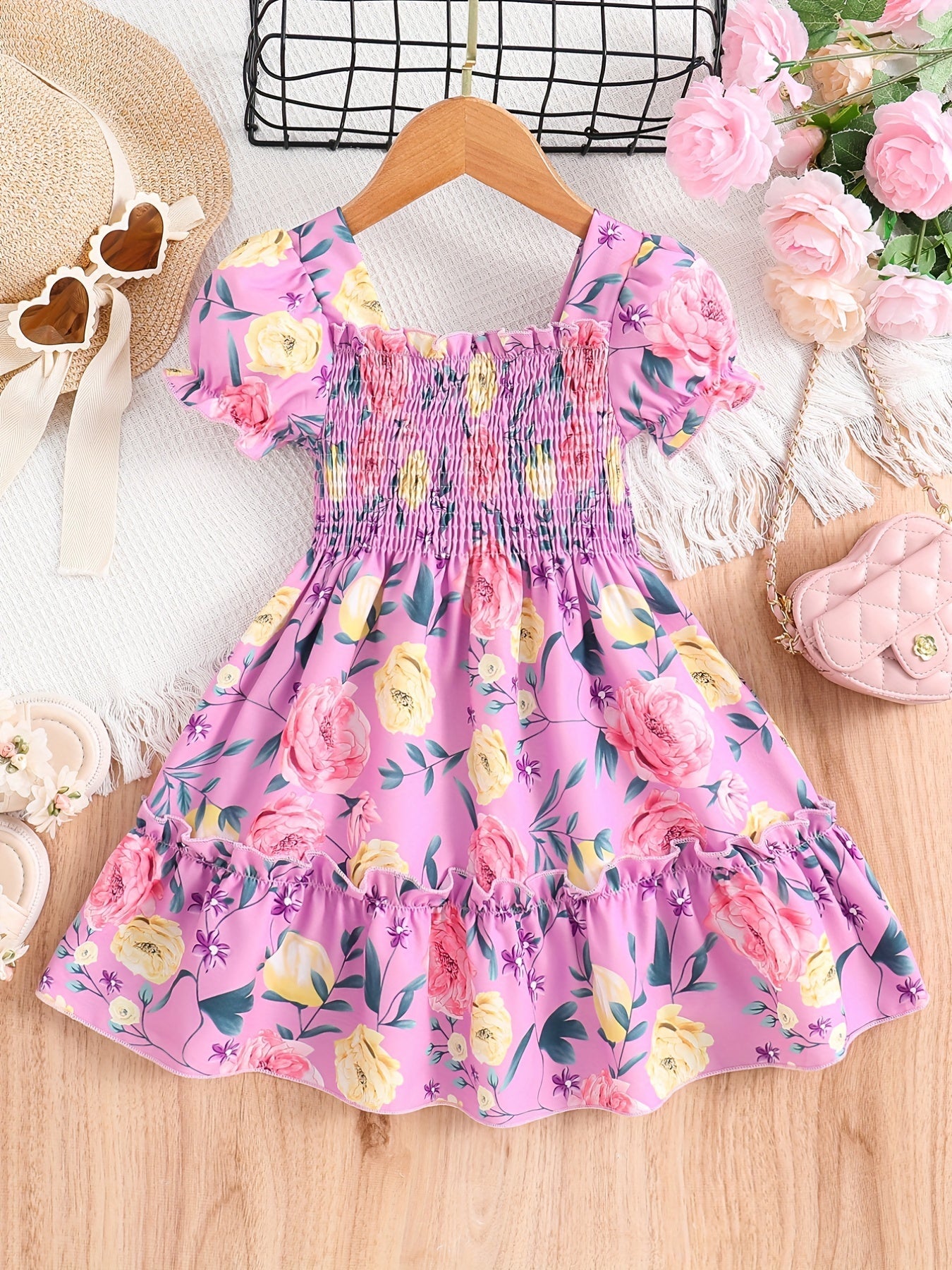 [Floral Party Dress] Floral Puff Sleeve Girls Party Dress | Shirred Ruffled Hem Kids Summer Clothes Good Vibrations